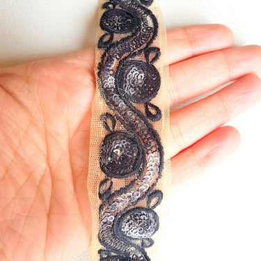 Beige Net Lace Trim With Black Embroidery And Sequins, Approx. 35mm wide